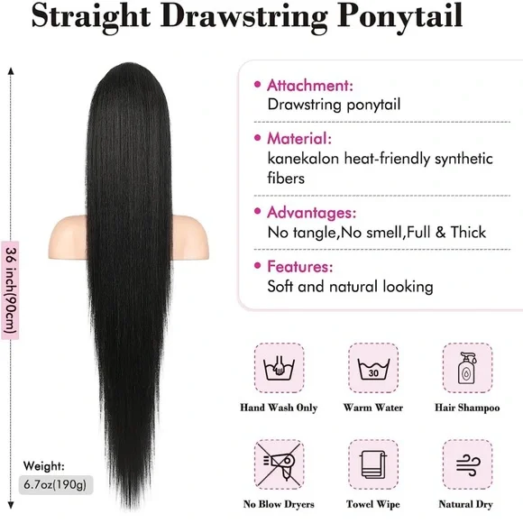 36 Inch-180 Gram Ponytail Extension, Straight Drawstring Ponytail Hair Extension - Picture 7 of 7